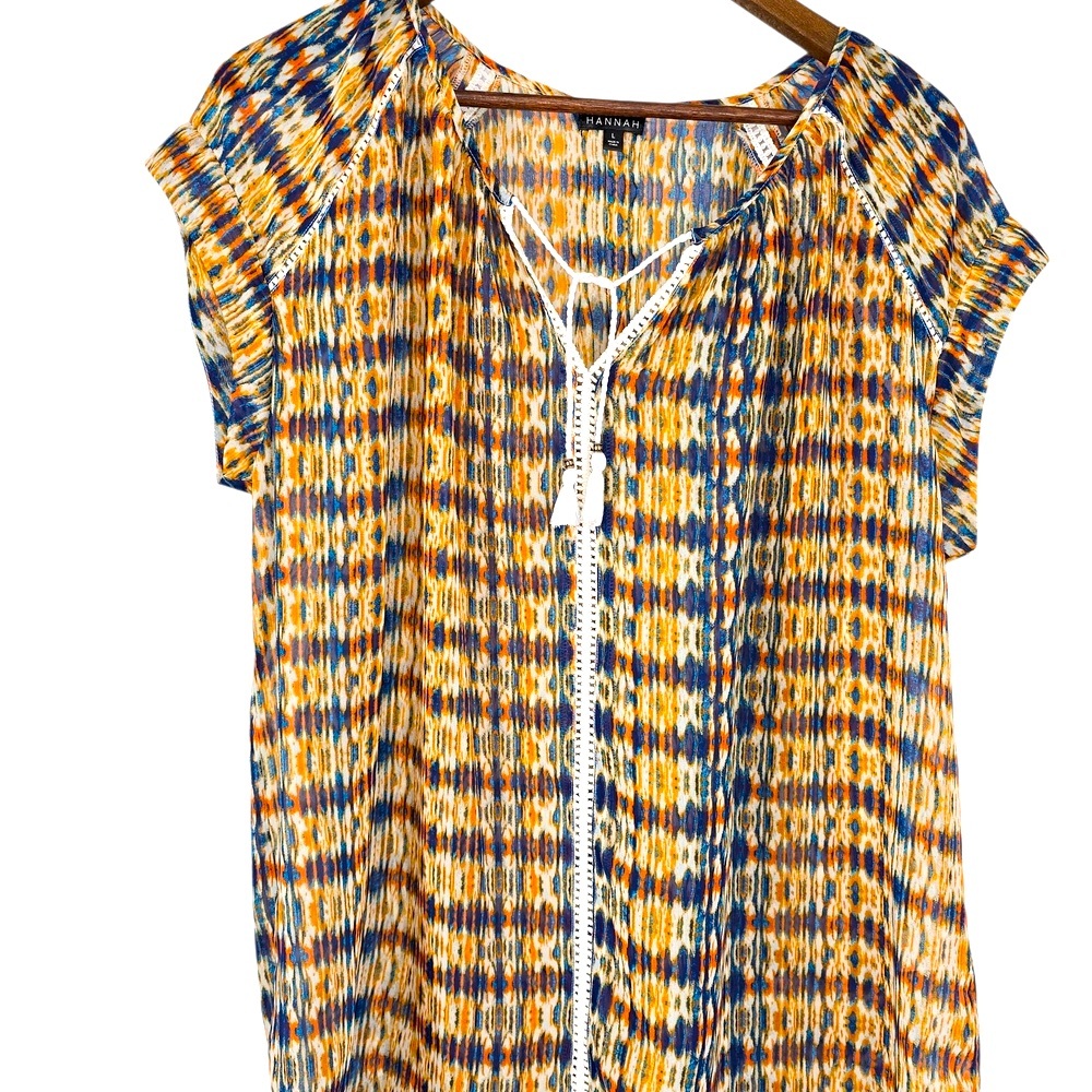 Hannah Women's Sheer Multicolor Patterned Short Sleeve Top Size L